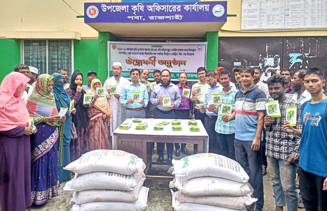 পবায় কৃষকদের মাঝে বিনামূল্যে শীতকালীন শাক-সবজির বীজ ও সার বিতরণ